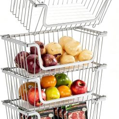 Stackable Wire Baskets Pantry Organizers and Storage Bins, Black, Breathable Metal Design with Rotating