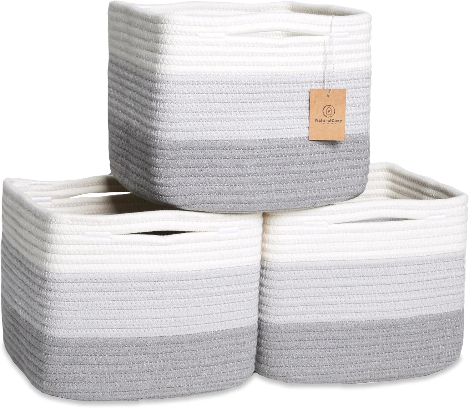 NaturalCozy Storage Cubes 9”x9”x7”Cotton Rope Woven Baskets for Organizing 3-Pack, 9 Inch Cube Storage Bin, Small bifanuoyard - Image 2
