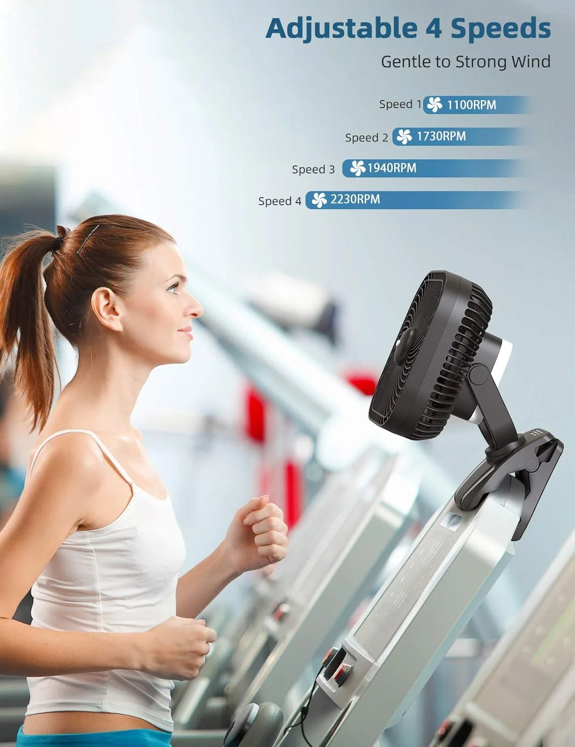 New Arrivals 20000mAh Rechargeable Portable Clip-on Fan, Battery Operated, Last 78 Hrs, 4 Speeds with Light & Hook - Image 3