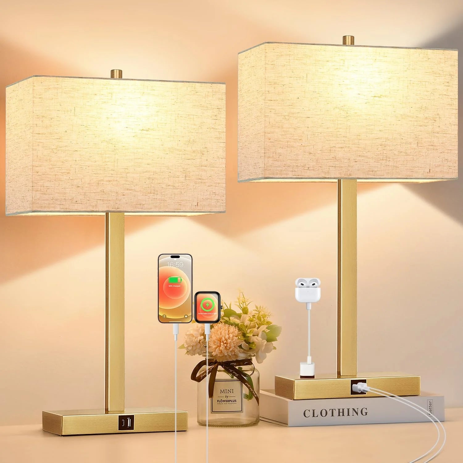 Touch Bedside lamps with 2 USB & AC Outlets, Dimmable, Bulb Included - Image 16