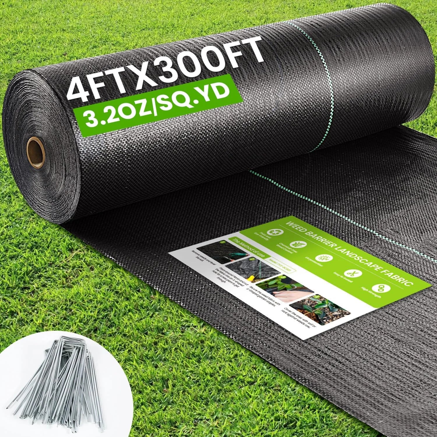New Arrivals 4FTX300FT Weed Barrier Fabric, 3.2oz Landscape Fabric, Durable Weed Barrier Fabric Heavy Duty with 20 U-Shaped - Image 2