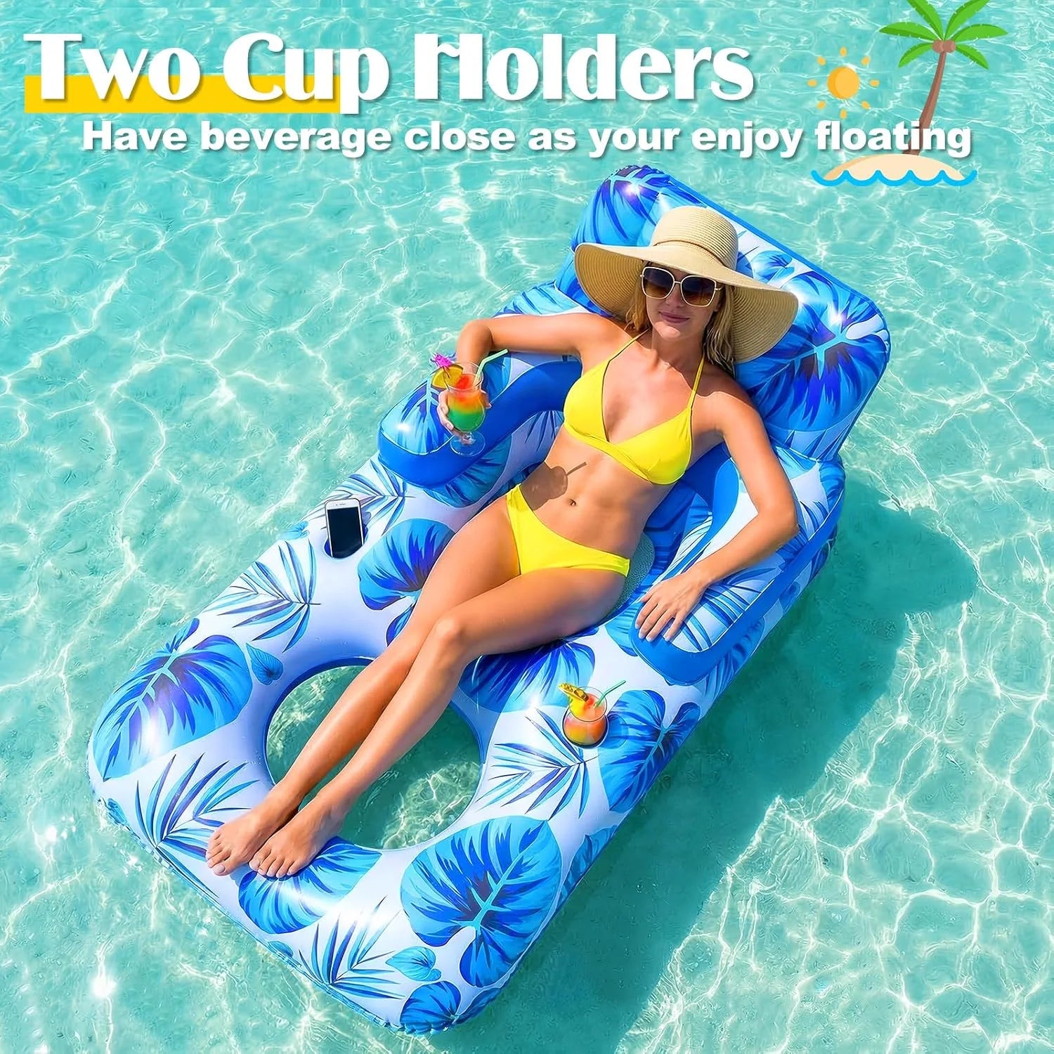 New Arrivals Pool Floats Adult, 65 Thicken PVC Inflatable Pool Float Lounger Rafts with Cup & Phone Holder & Headrest - Image 2