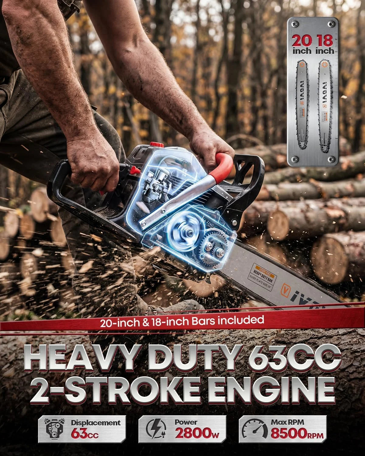 New Arrivals 63CC Gas Chainsaw with 20-Inch and 18-Inch Bars - Image 3