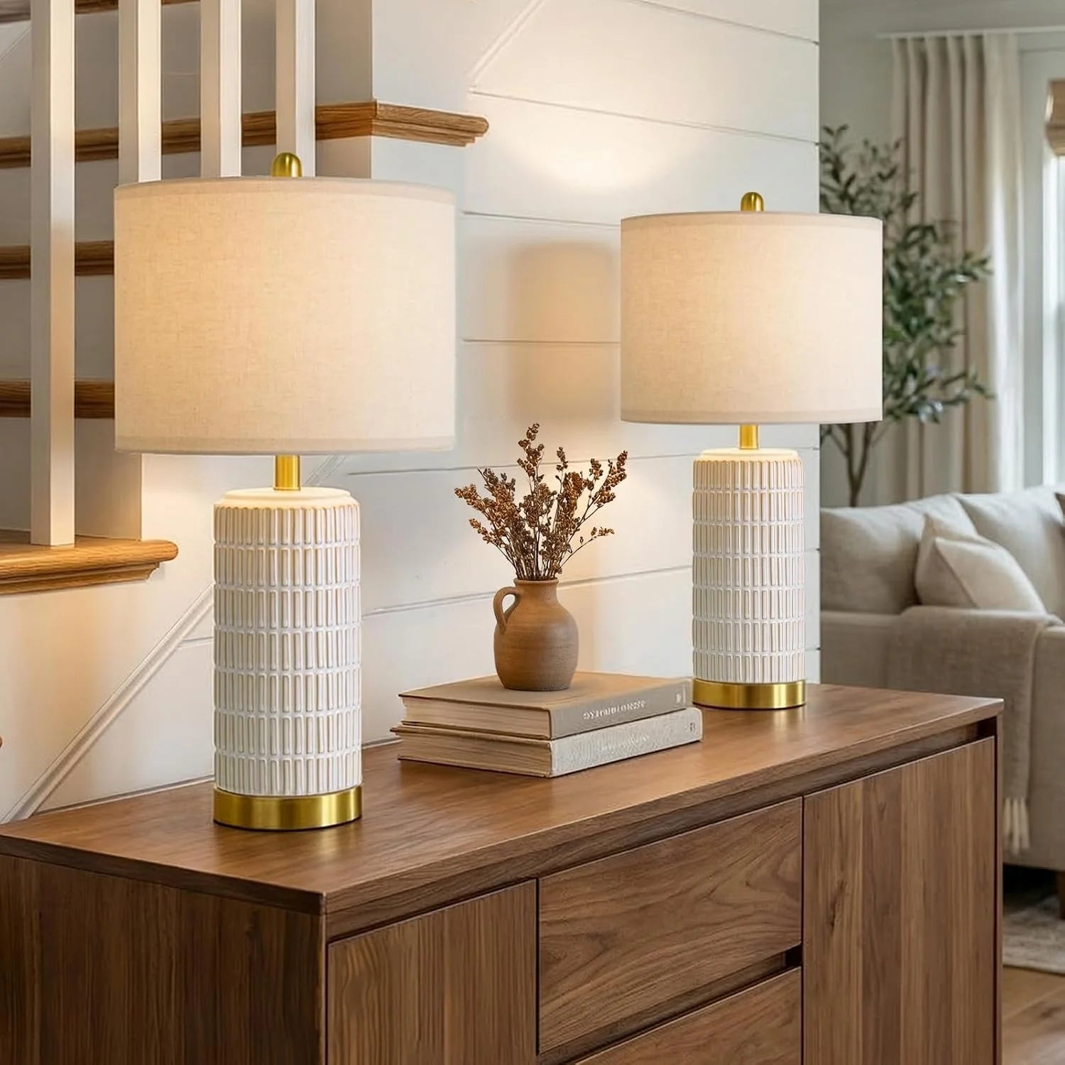 PoKat Small Bedside Table Lamps Set of 2 for Bedroom Living Room, 21.5" Modern Ceramic Nightstand Lamps with Gold Base bifanuoyard - Image 4