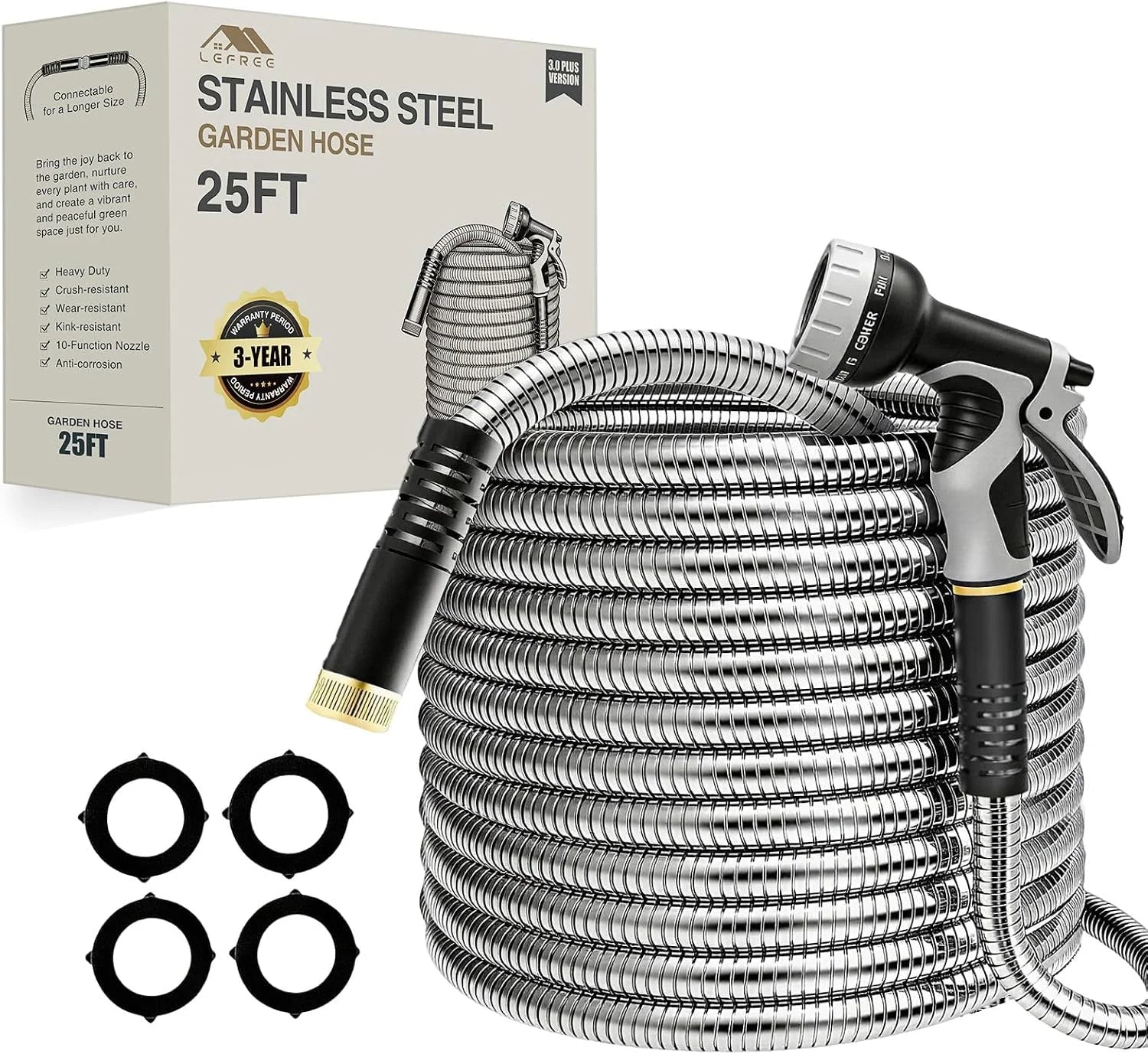 New Arrivals 150ft Stainless Steel Garden Hose, No-Kink Leak-Proof Crush Resistant, 10-Function Nozzle for Lawn Care - Image 2