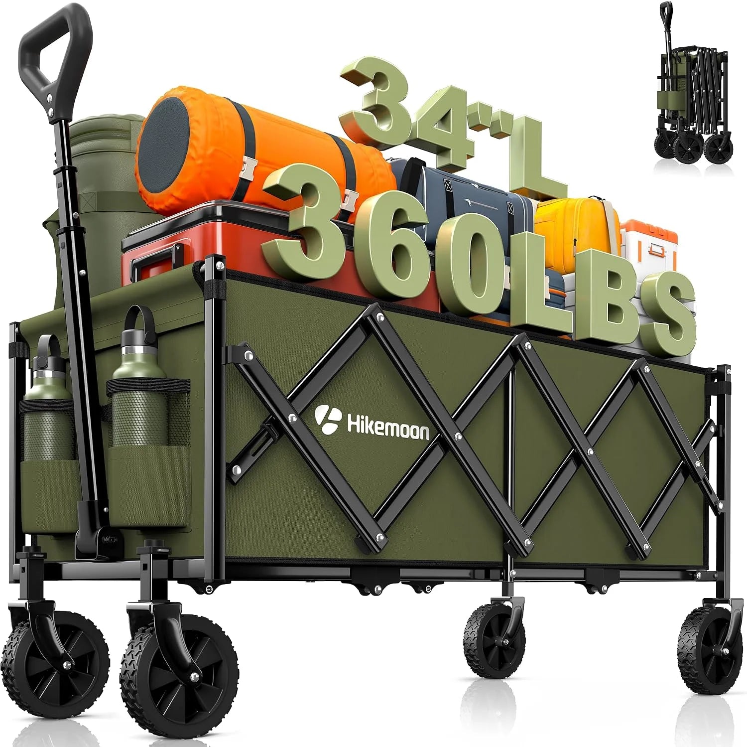 New Arrivals 34” Extra Long Folding Portable Wagon Cart, 120L 360LBS Black, Heavy Duty - Image 9