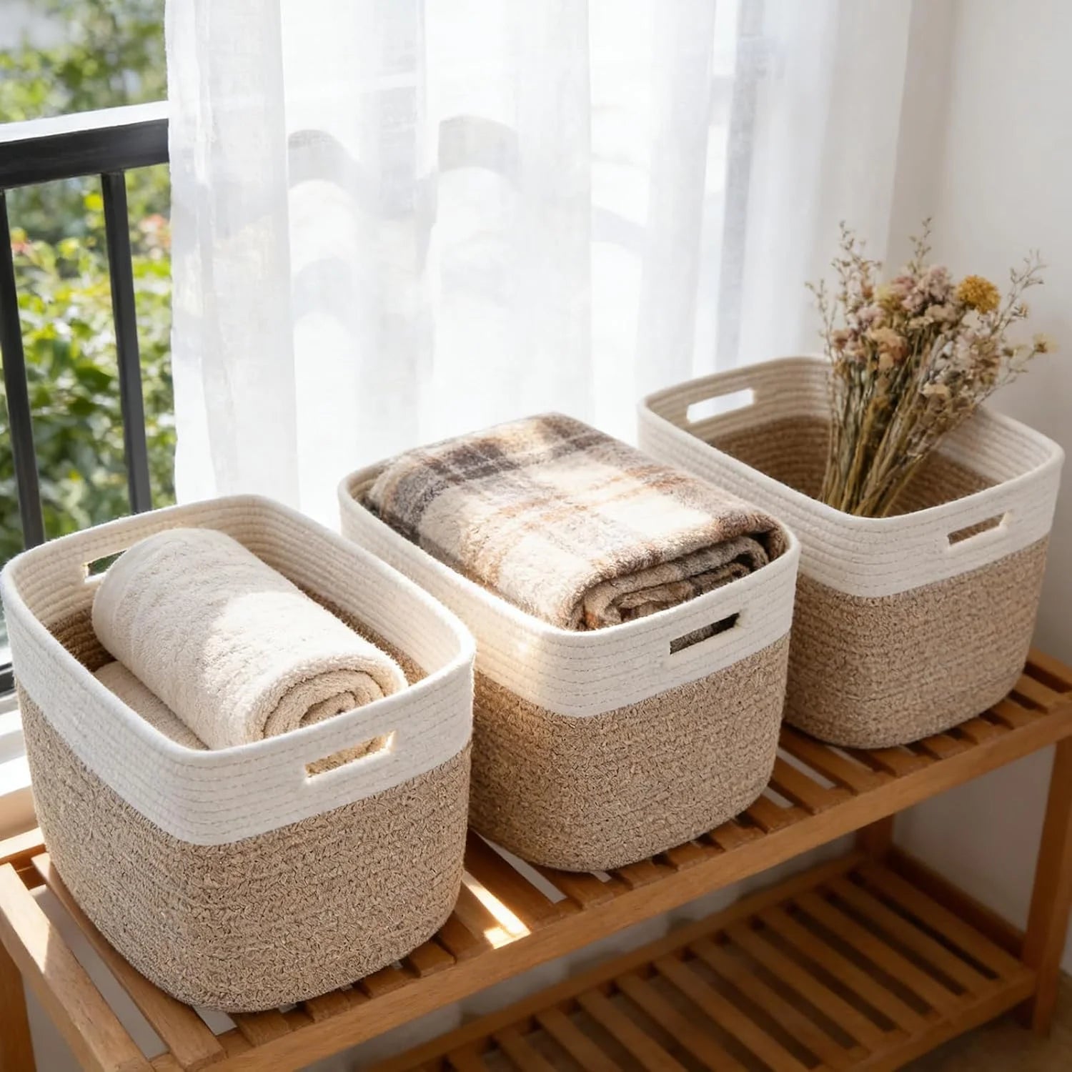 New Arrivals Woven Baskets, Storage Baskets for Shelves with Handles, 13.5×11×9.5 Closet Baskets, Nursery Organizer - Image 6