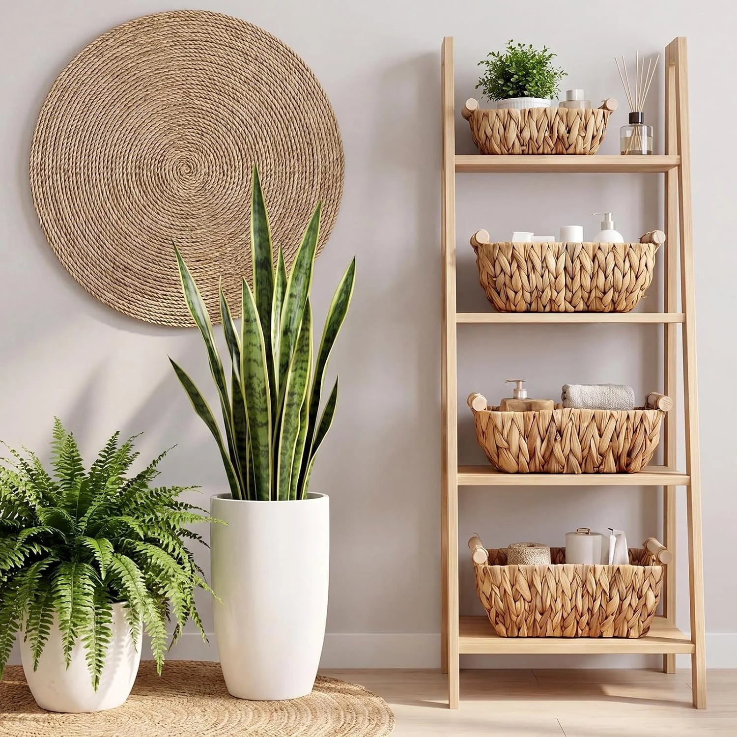 New Arrivals Wicker Storage Baskets, Hand Woven Organizing Basket, Water Hyacinth Nesting Shelf Bins with Wooden - Image 3