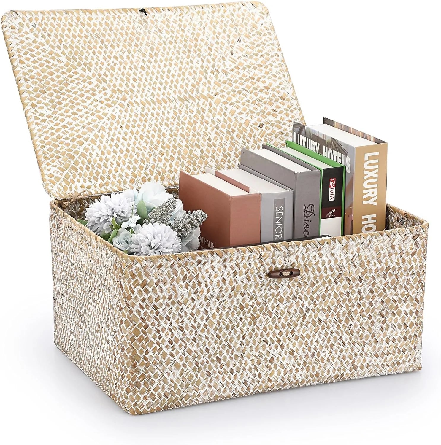 Shelf Baskets Bin with Lid Large Handwoven Basket Box, Coffee, Natural Seagrass Storage Baskets - Image 16