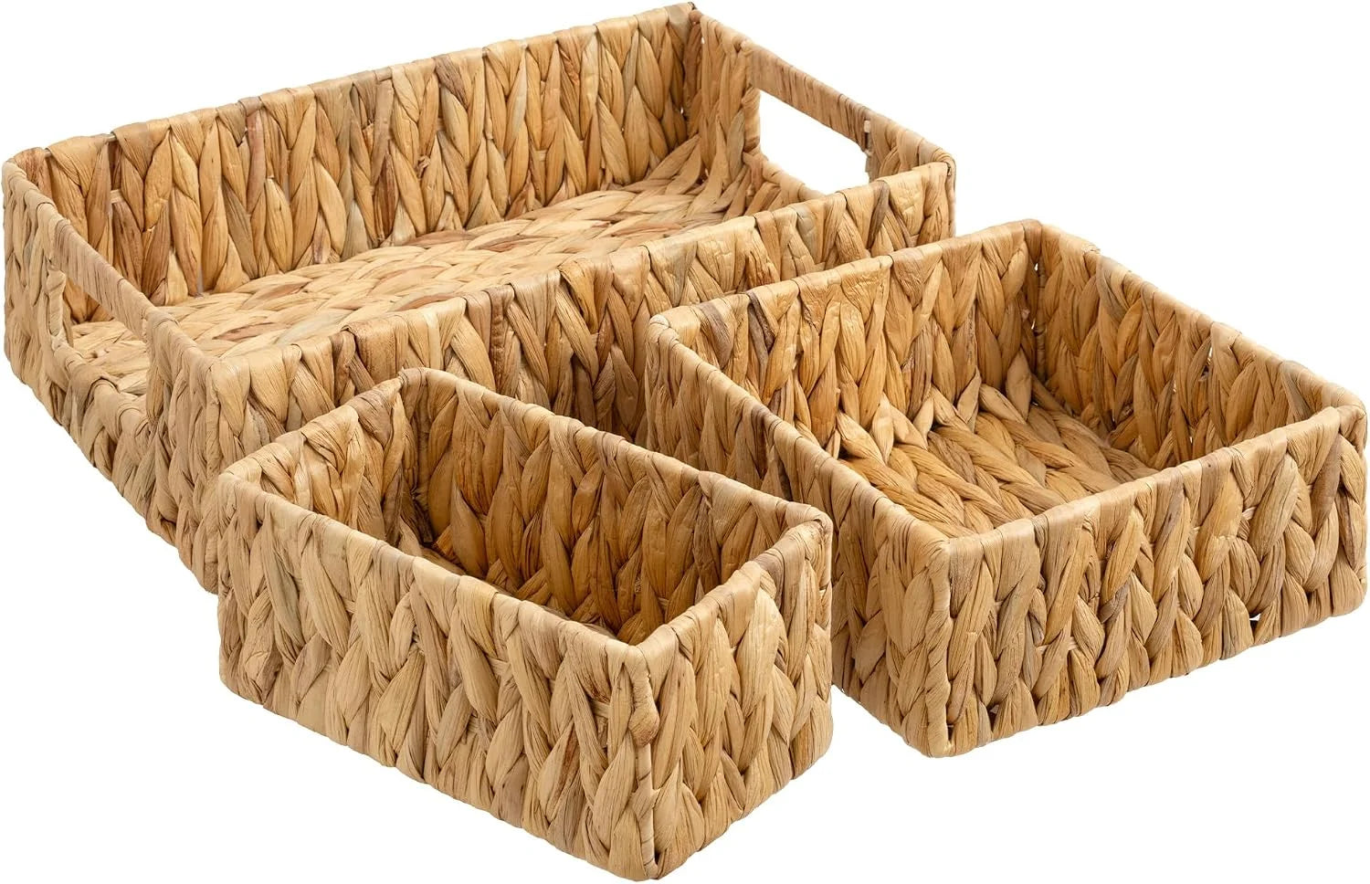 New Arrivals Pantry Baskets for Shelves 3 Pack, Rectangular Wicker Basket with Handles, Natural Water Hyacinth