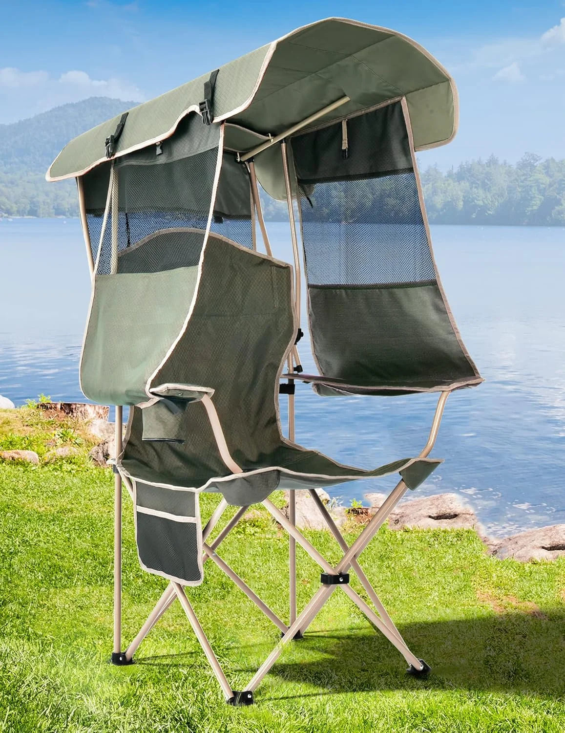 Docusvect Beach Chair with Canopy Shade, Folding Camping Chair with Canopy with Cup Holder, Support 330 LBS bifanuoyard