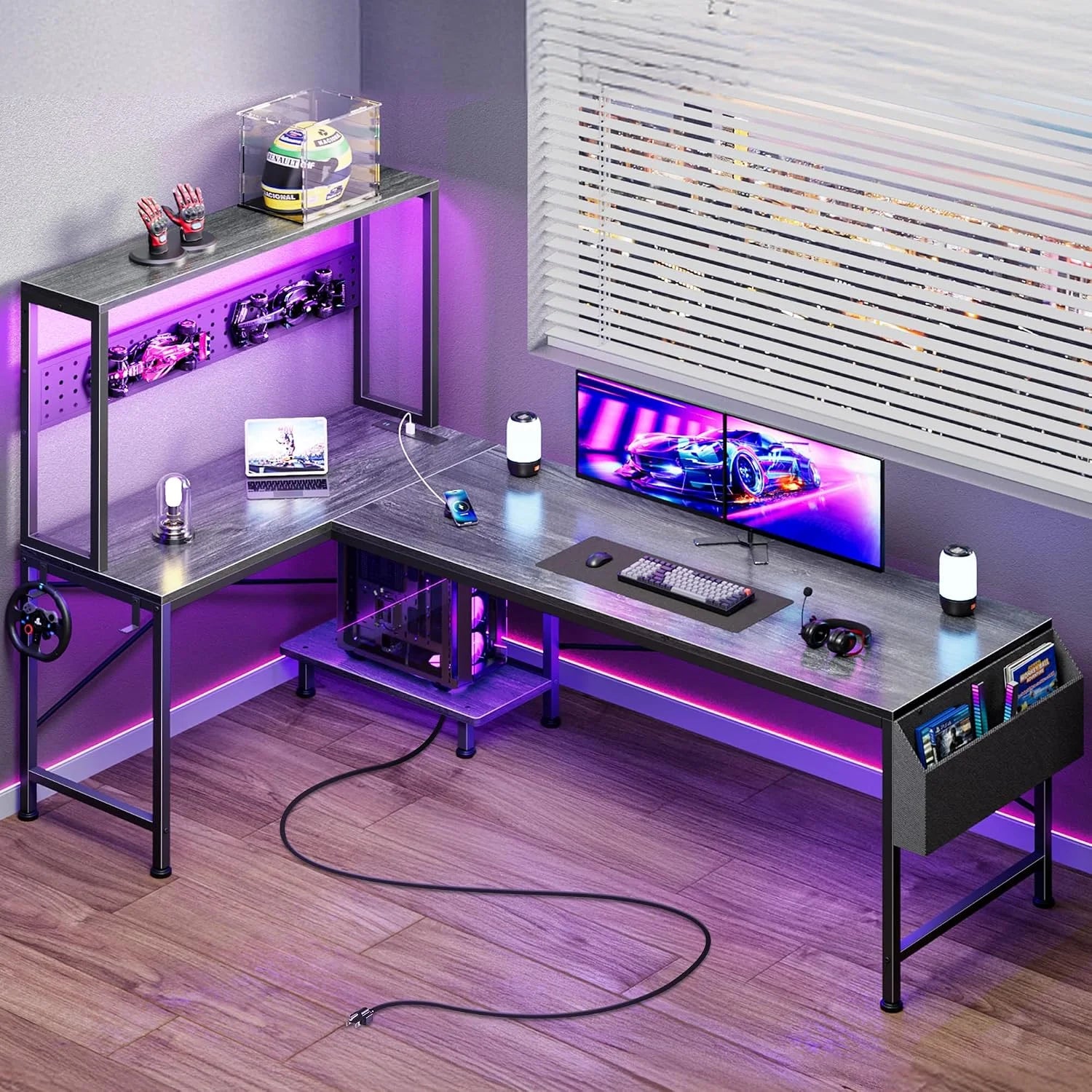 New Arrivals L Shaped Gaming Desk with LED Lights & Power Outlets, Reversible Computer Desk with Storage Shelves & Bag - Image 8