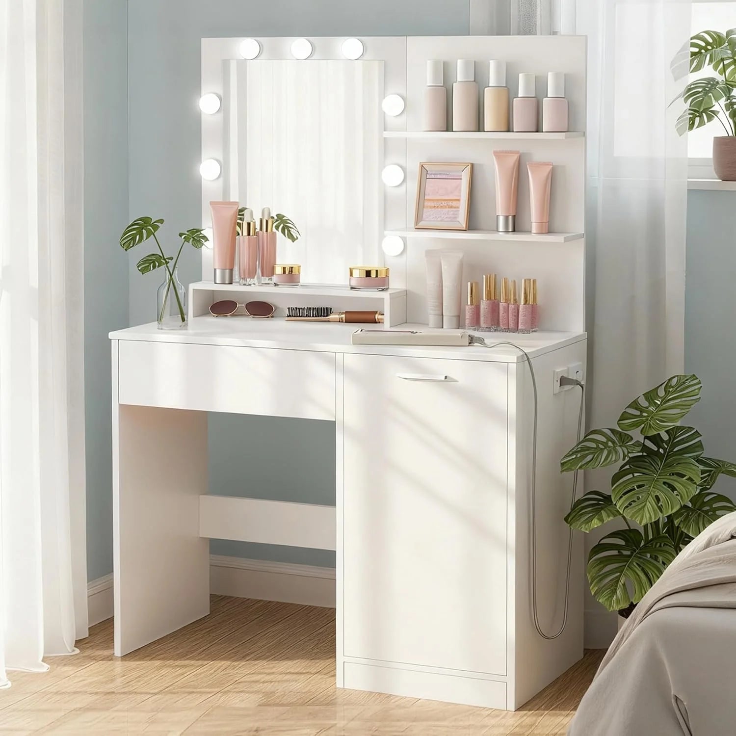VASAGLE KAILYN Collection, Vanity Desk with Mirror and 9 LED Bulbs, Dressing Table with 9 Drawers bifanuoyard - Image 3