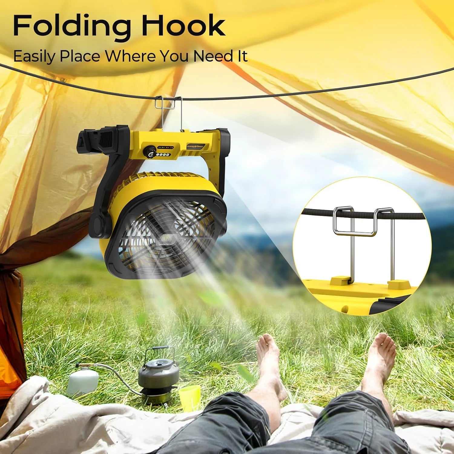 Battery Operated Fan for Dewalt 20V Max battery, Portable Fan with AC Adapter & LED Lights, 4 Speeds & Hook - Image 7