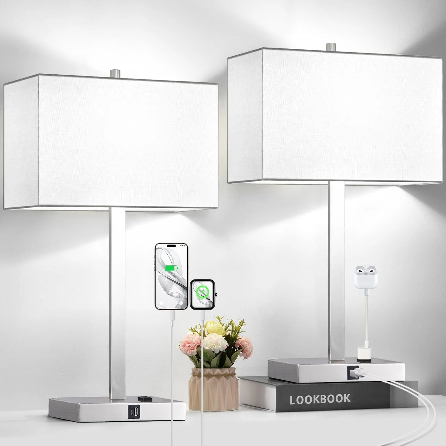 Touch Bedside lamps with 2 USB & AC Outlets, Dimmable, Bulb Included - Image 3