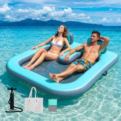 New Arrivals Inflatable Floating Dock for 2 Adults, 500 lbs Capacity Floating Island Platform with Mesh Water Hammock