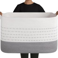 Alternative view of Large Blanket Basket, Storage Baskets with Handle, Rectangle Woven Cotton Rope Basket, Toy Organizer Bins, 22 x bifanuoyard