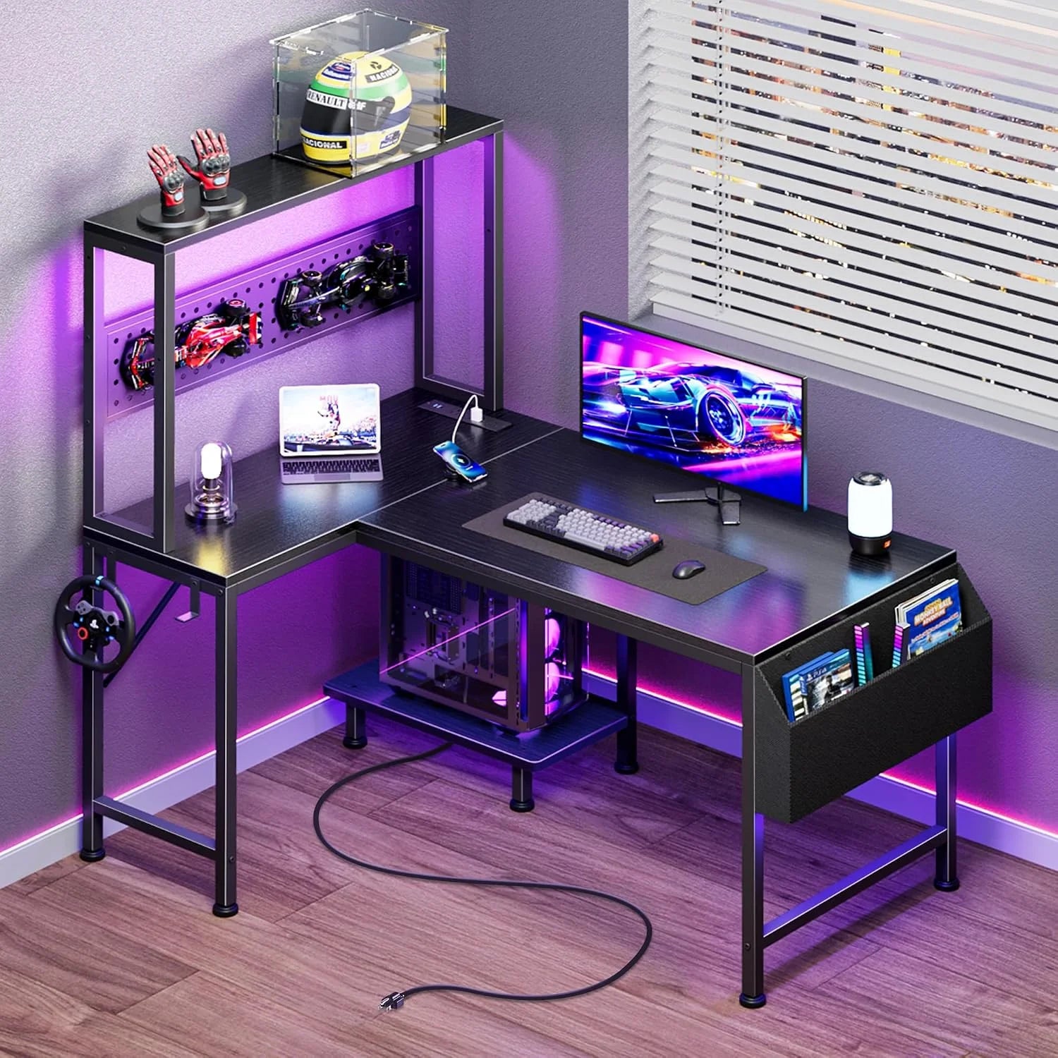 New Arrivals L Shaped Gaming Desk with LED Lights & Power Outlets, Reversible Computer Desk with Storage Shelves & Bag - Image 11