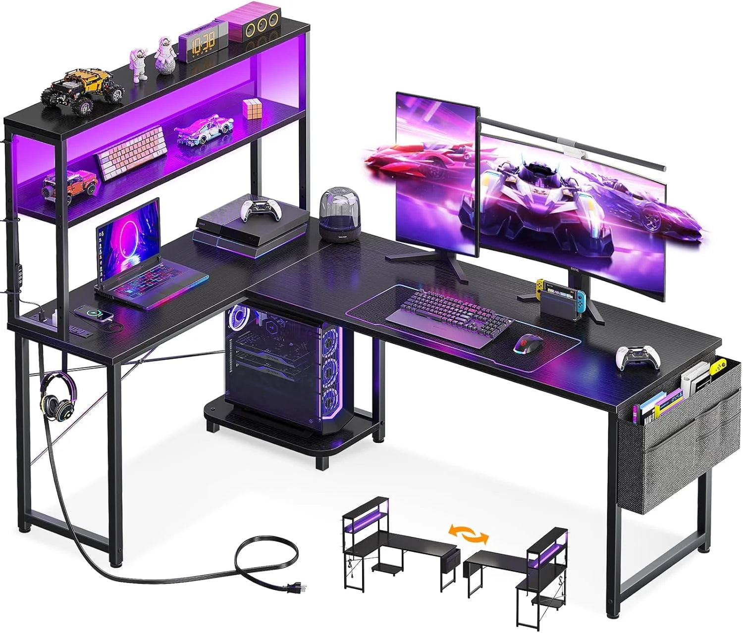 New Arrivals L Shaped Desk Gaming Desk with LED Light & Power Outlet, 53 Inch Black Reversible L Shaped Computer Table - Image 2