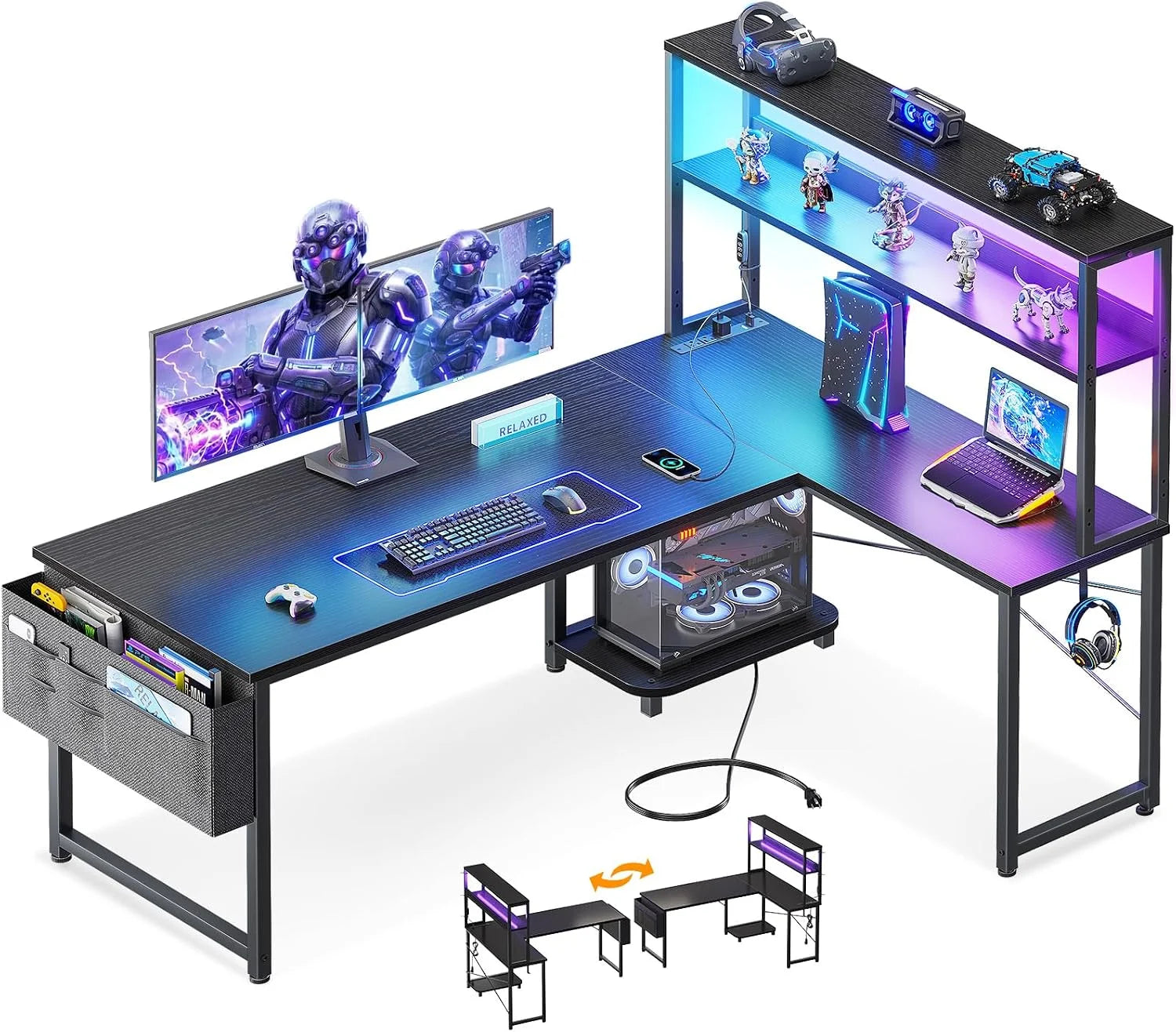 New Arrivals 53 L Shaped Gaming Desk with Shelves, LED & Outlets - Image 3