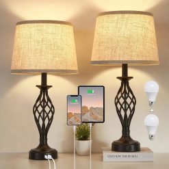 Alternative view of New Arrivals Lamp for Bedroom Set of 2 with USB C+A Ports, Bulb Included, Modern Bedside Lamps with Spiral Cage Base