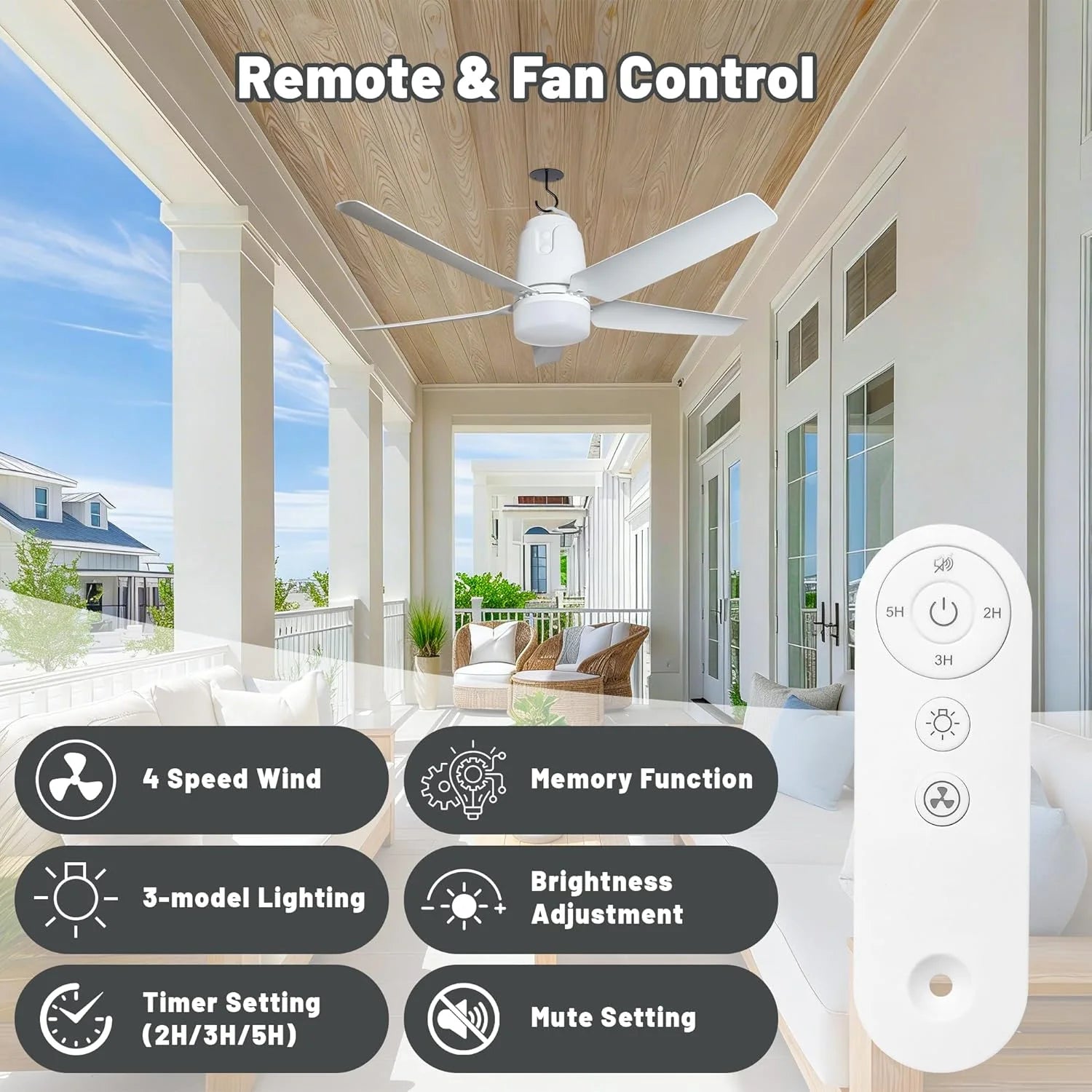 New Arrivals Outdoor Ceiling Fan Light 31.5" 40000mAh Large Portable Ceiling Fan With Remote and Hanging Hook, 4 Wind Speeds - Image 5