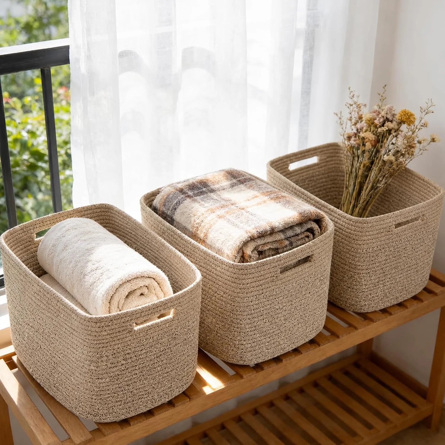 New Arrivals Woven Baskets, Storage Baskets for Shelves with Handles, 13.5×11×9.5 Closet Baskets, Nursery Organizer - Image 4