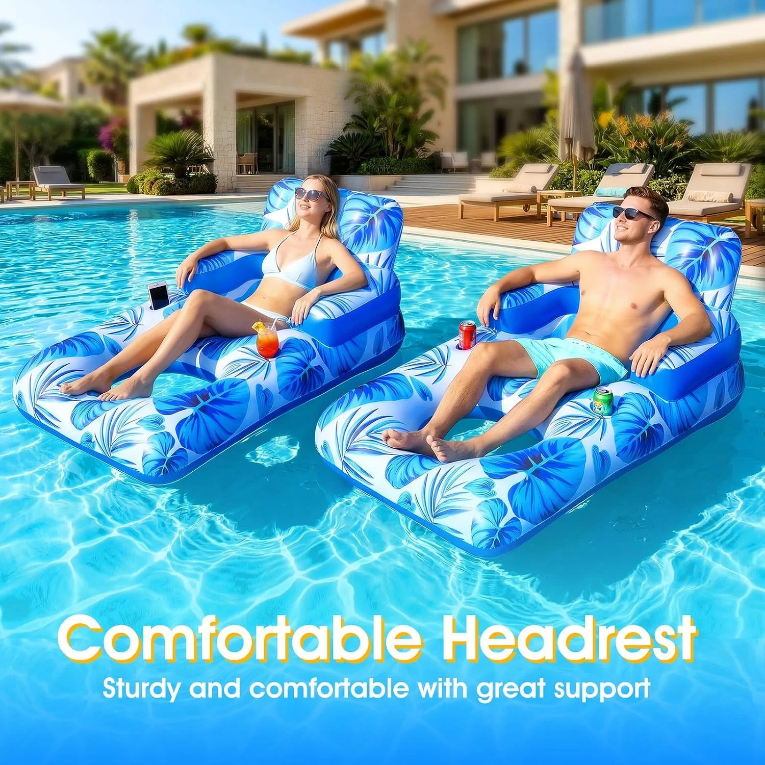 New Arrivals Pool Floats Adult, 65 Thicken PVC Inflatable Pool Float Lounger Rafts with Cup & Phone Holder & Headrest - Image 4