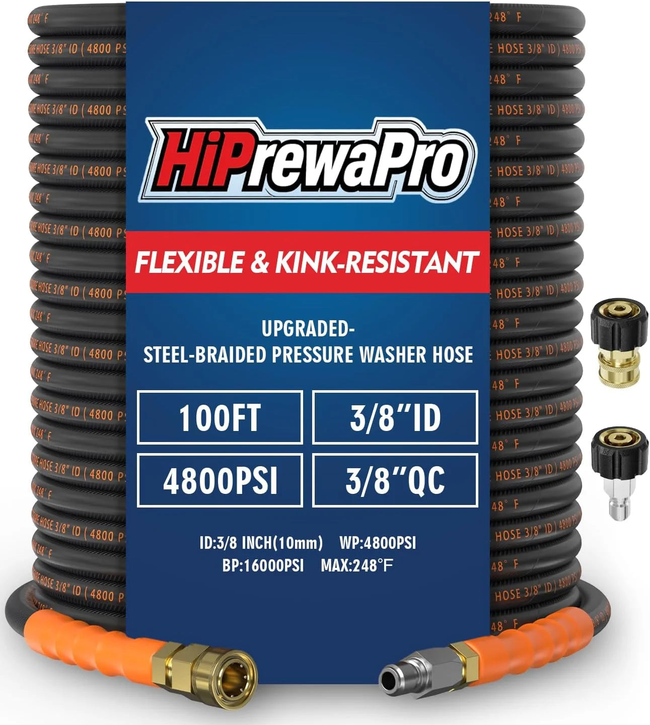 New Arrivals 3/8 ID Pressure Washer Hose 50 ft, 4800 PSI Steel-Braided & Durable, Power Washer Hose with Swivel Quick - Image 6