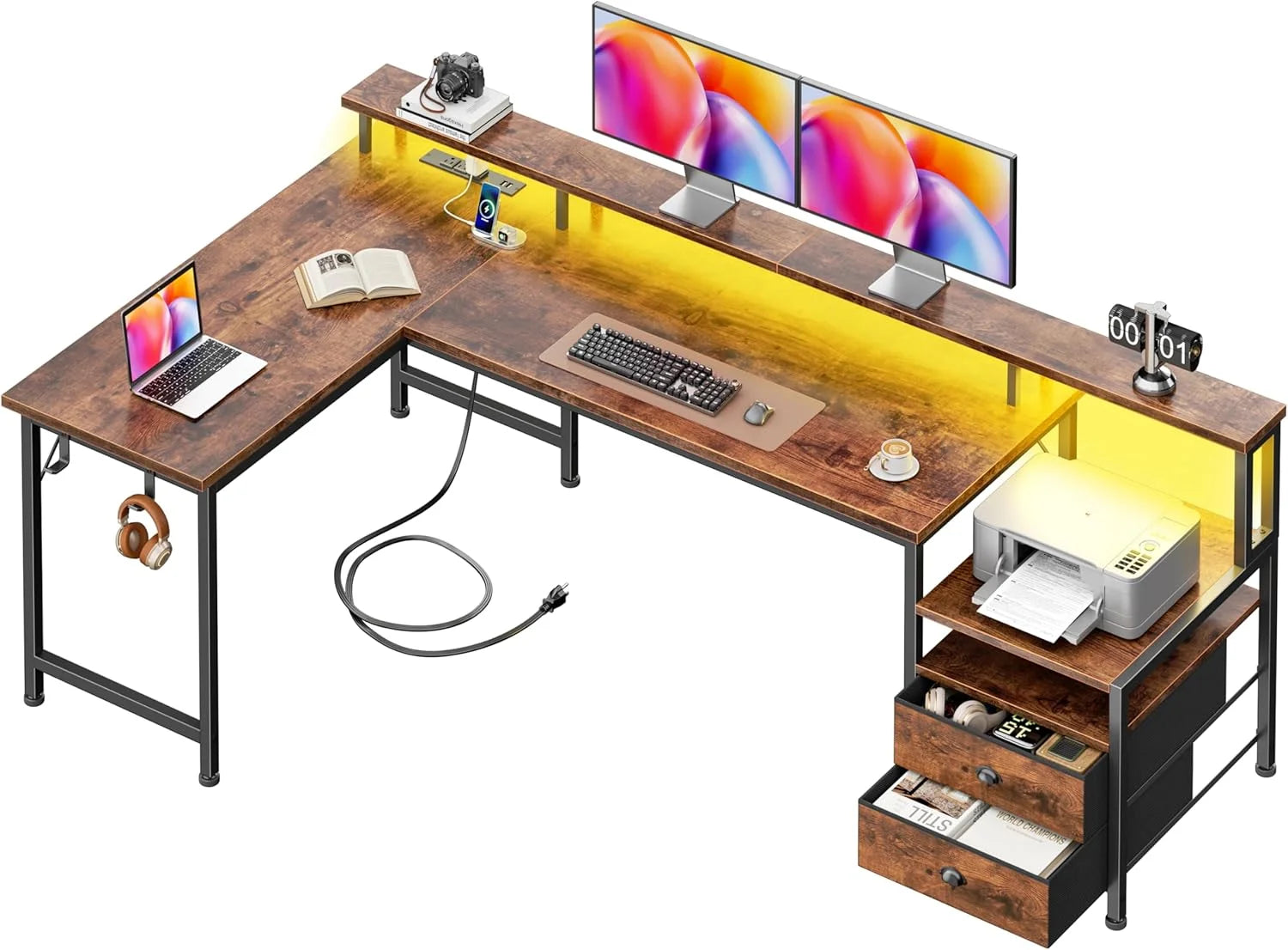 New Arrivals 66” L Shaped Gaming Desk with Drawers and Storage Shelves, Reversible Corner Desk with Power Outlets and Host