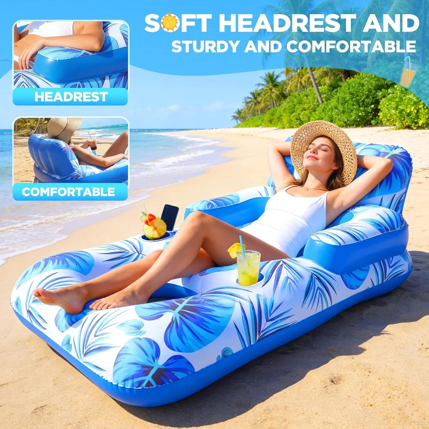 New Arrivals Pool Floats Adult, 65 Thicken PVC Inflatable Pool Float Lounger Rafts with Cup & Phone Holder & Headrest - Image 5