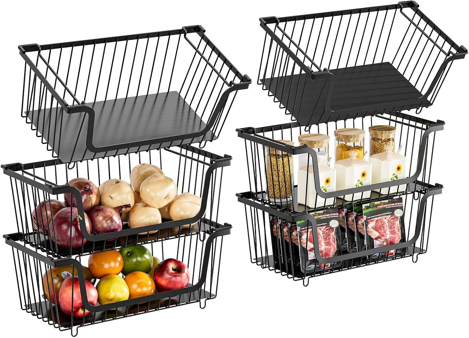 Stackable Wire Baskets Pantry Organizers and Storage Bins, Black, Breathable Metal Design with Rotating - Image 5