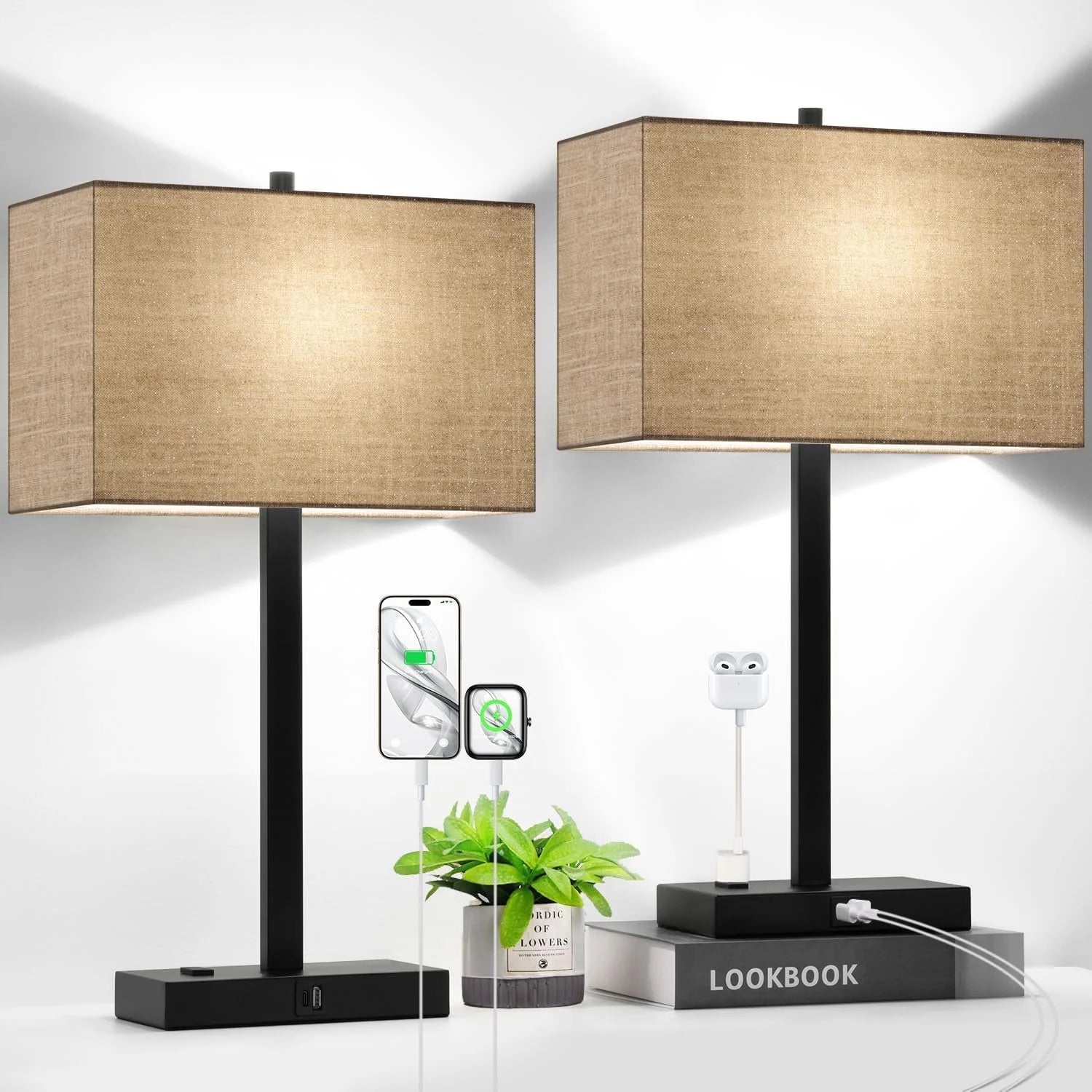 Touch Bedside lamps with 2 USB & AC Outlets, Dimmable, Bulb Included - Image 5