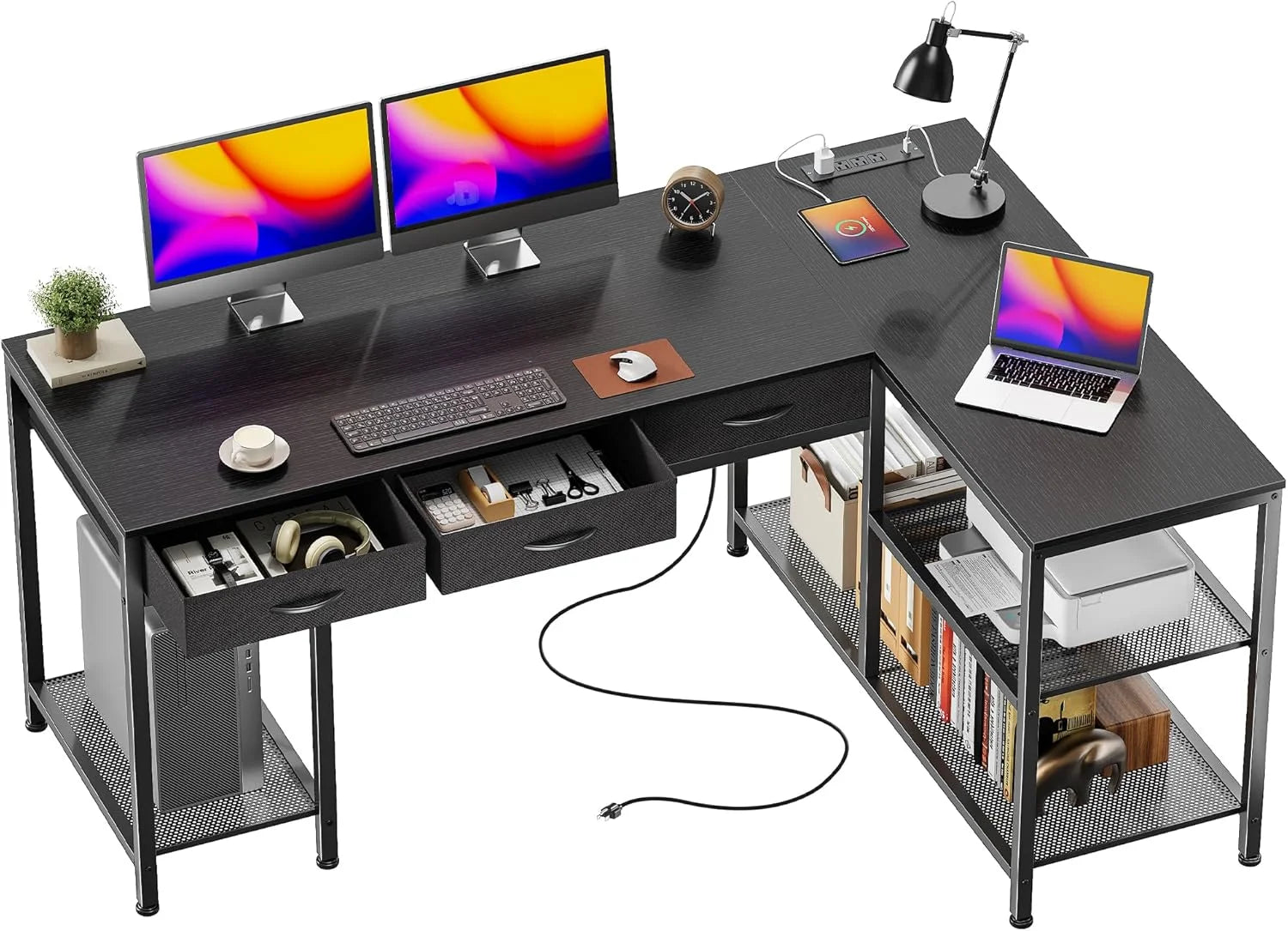 New Arrivals 55 Inch L Shaped Office Desk with Power Outlets and Type-C Port, Large Computer Gaming Desk with 3 Fabric - Image 6