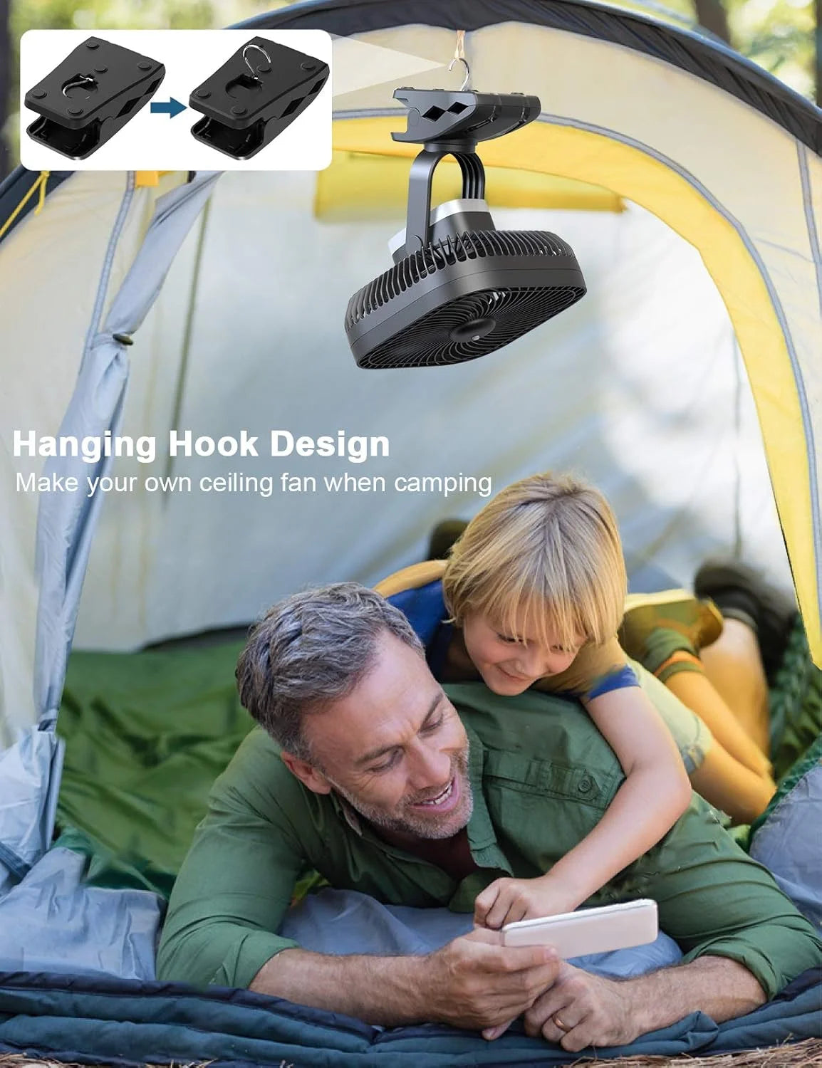 New Arrivals 20000mAh Rechargeable Portable Clip-on Fan, Battery Operated, Last 78 Hrs, 4 Speeds with Light & Hook - Image 5