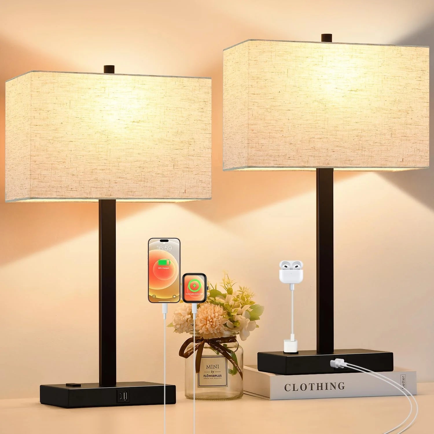 Touch Bedside lamps with 2 USB & AC Outlets, Dimmable, Bulb Included - Image 17