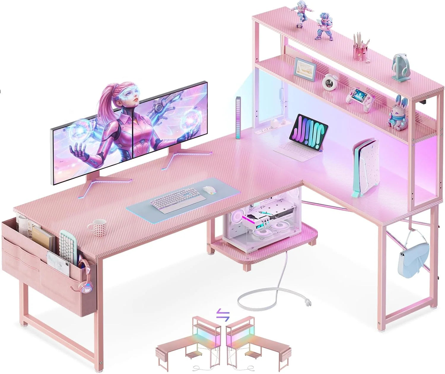 New Arrivals 53 L Shaped Gaming Desk with Shelves, LED & Outlets - Image 2