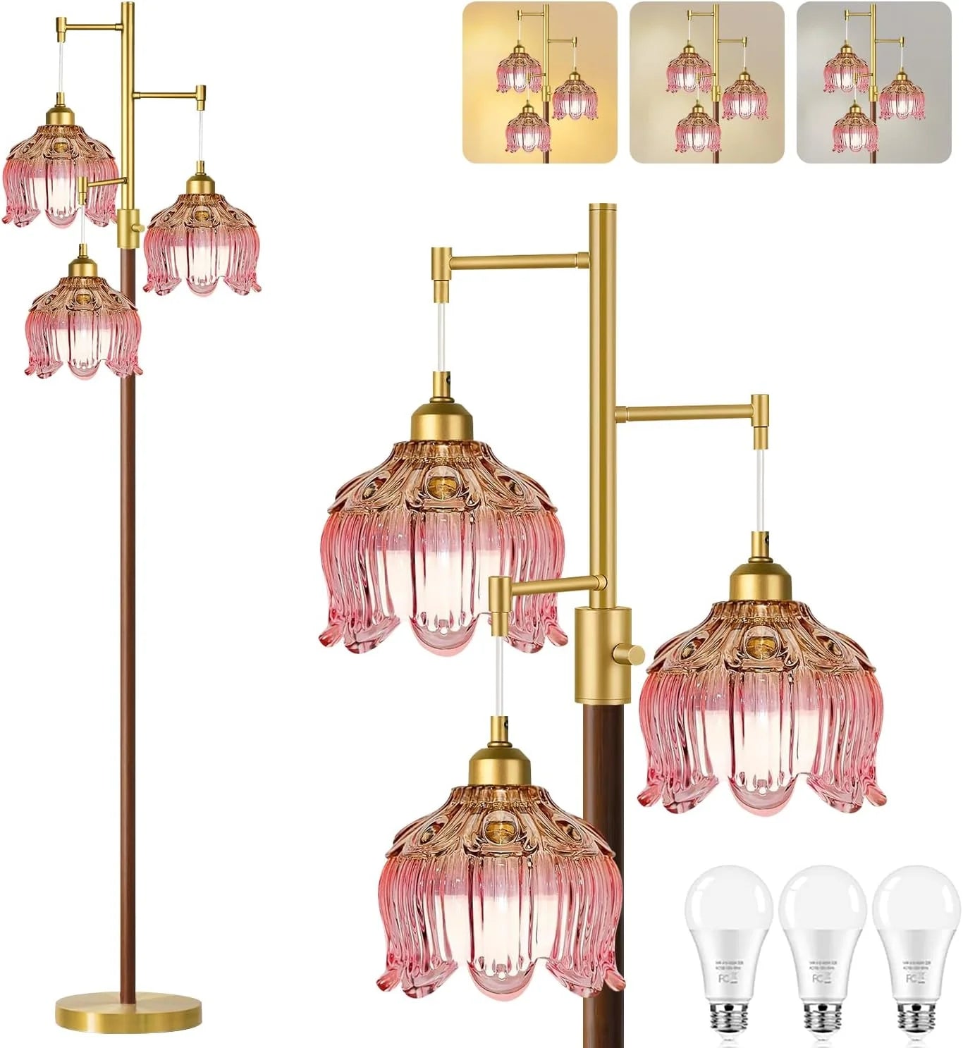 ZECOXOL Vintage Floor Lamp for Living Room Bedroom-3 Light Glass Floor Lamp with Three Led Bulb bifanuoyard - Image 7