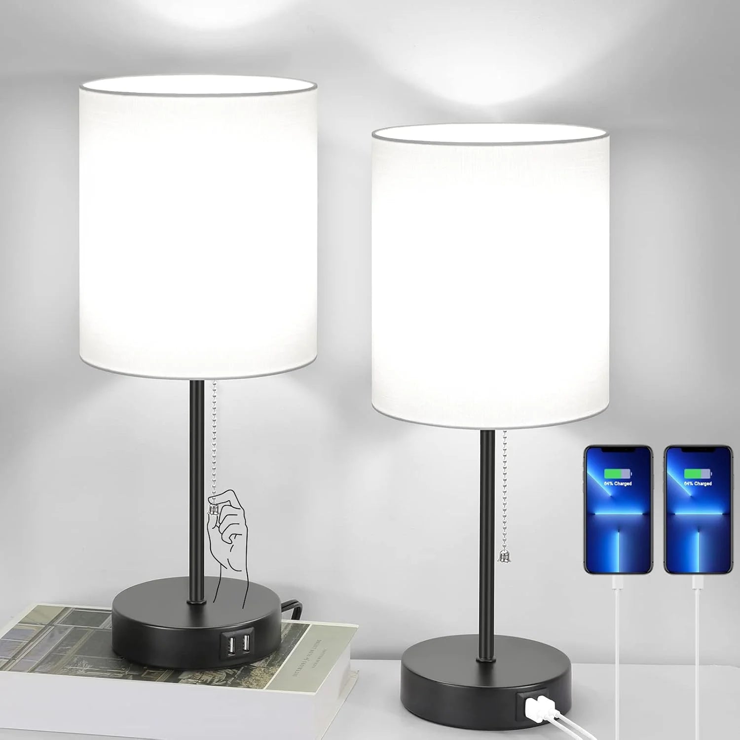 17.3" Table Lamps Set of 2 with 2 USB & AC Outlet, Pull Chain bifanuoyard - Image 6