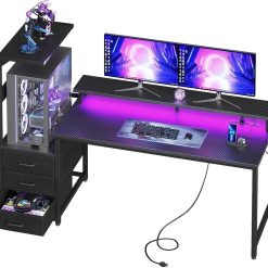 Gaming Desk w/PC Showcase Stand, 59 Reversible, Elevated stand fits Lian Li O11, Hyte Y60. Triple drawers hide