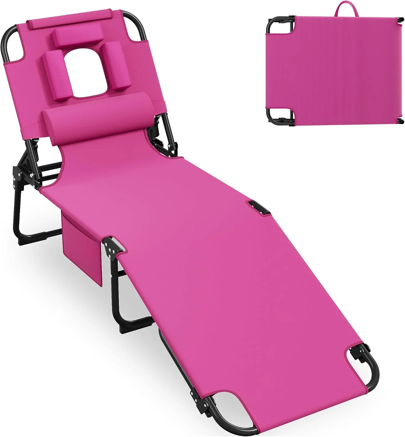 New Arrivals 400lbs Tanning Chair with Face Hole, 5-Position Folding Chaise Lounge Chair with Side Pockets - Image 3
