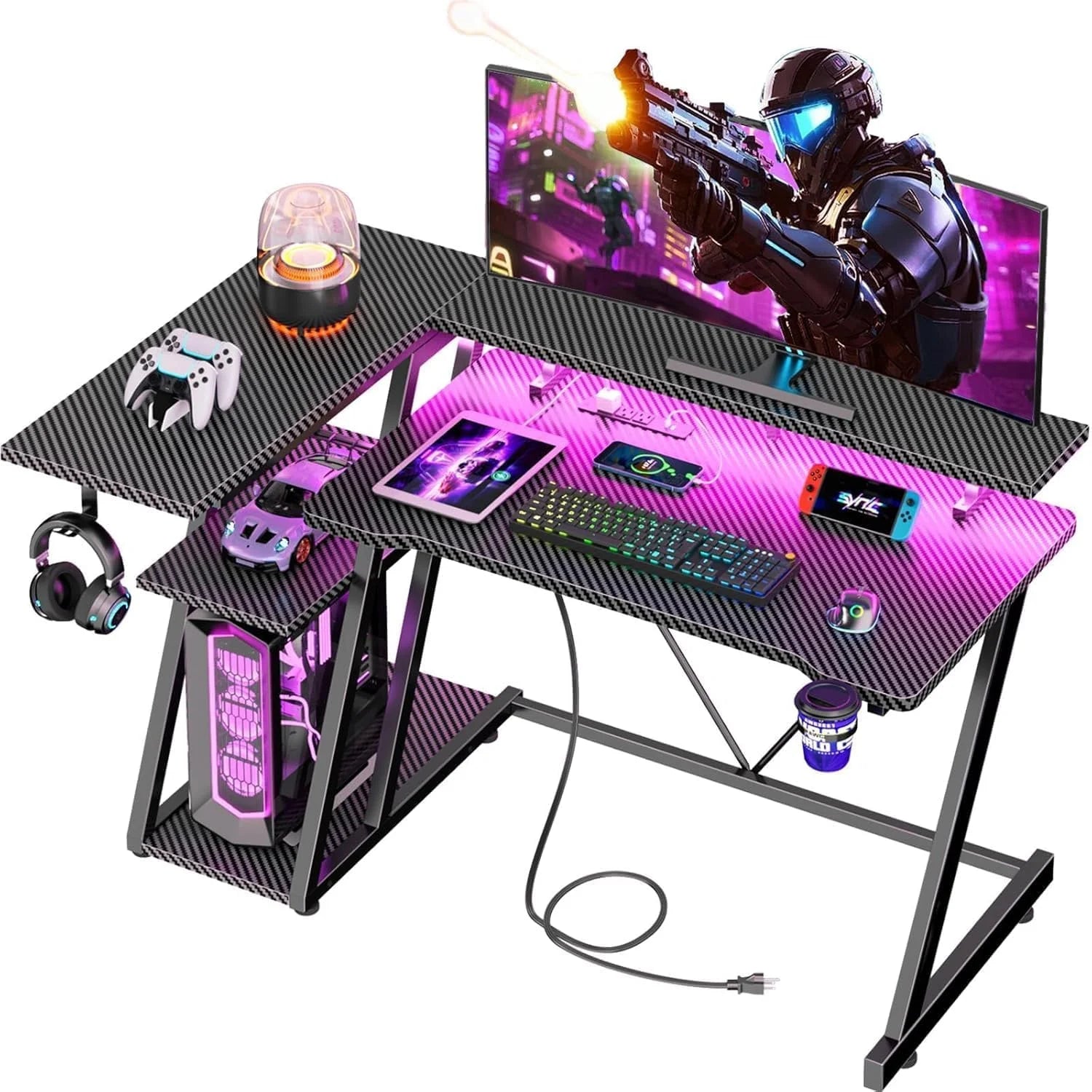 New Arrivals 40 Inch Gaming Desk with Power Outlet & LED Lights, L Shaped Computer Gaming Table with 3 Tiers Storage Shelves - Image 4