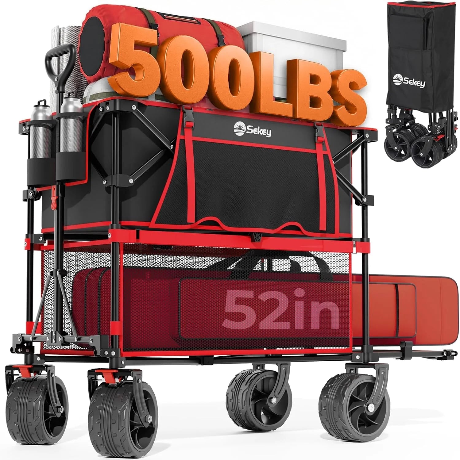 Sekey Double Decker Wagon, 500LBS Heavy Duty Collapsible Utility Cart with 400L Capacity & Extended Lower Shelf - Image 3