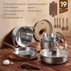 Alternative view of New Arrivals 19pcs Stainless Steel Cookware Set with Detachable Handle, Pots and Pans Set