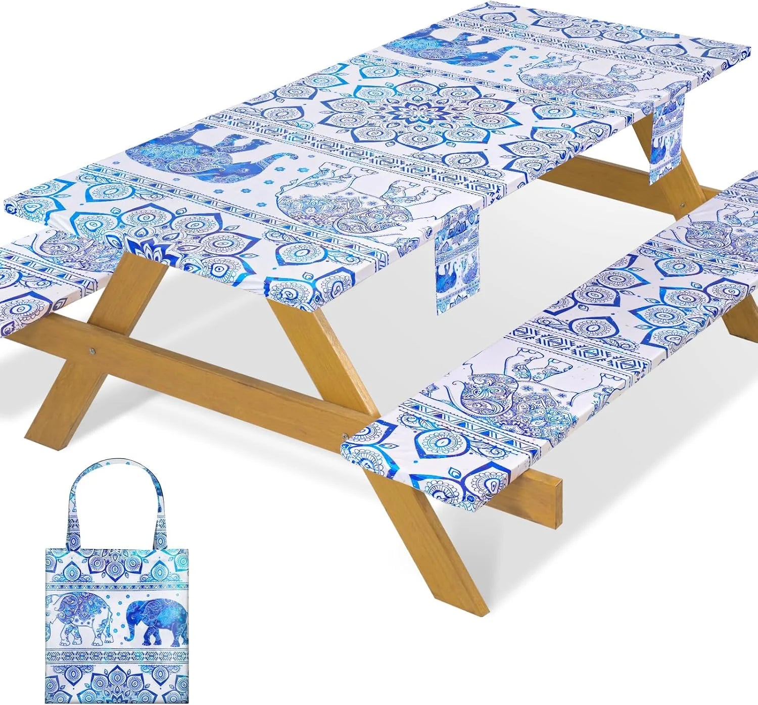 New Arrivals Fitted Waterproof Picnic Table Cover with Bench Covers Heavy Duty Elastic Outdoor Camping Tablecloth for 6 Foot Rectangle Tables Summer - Image 3