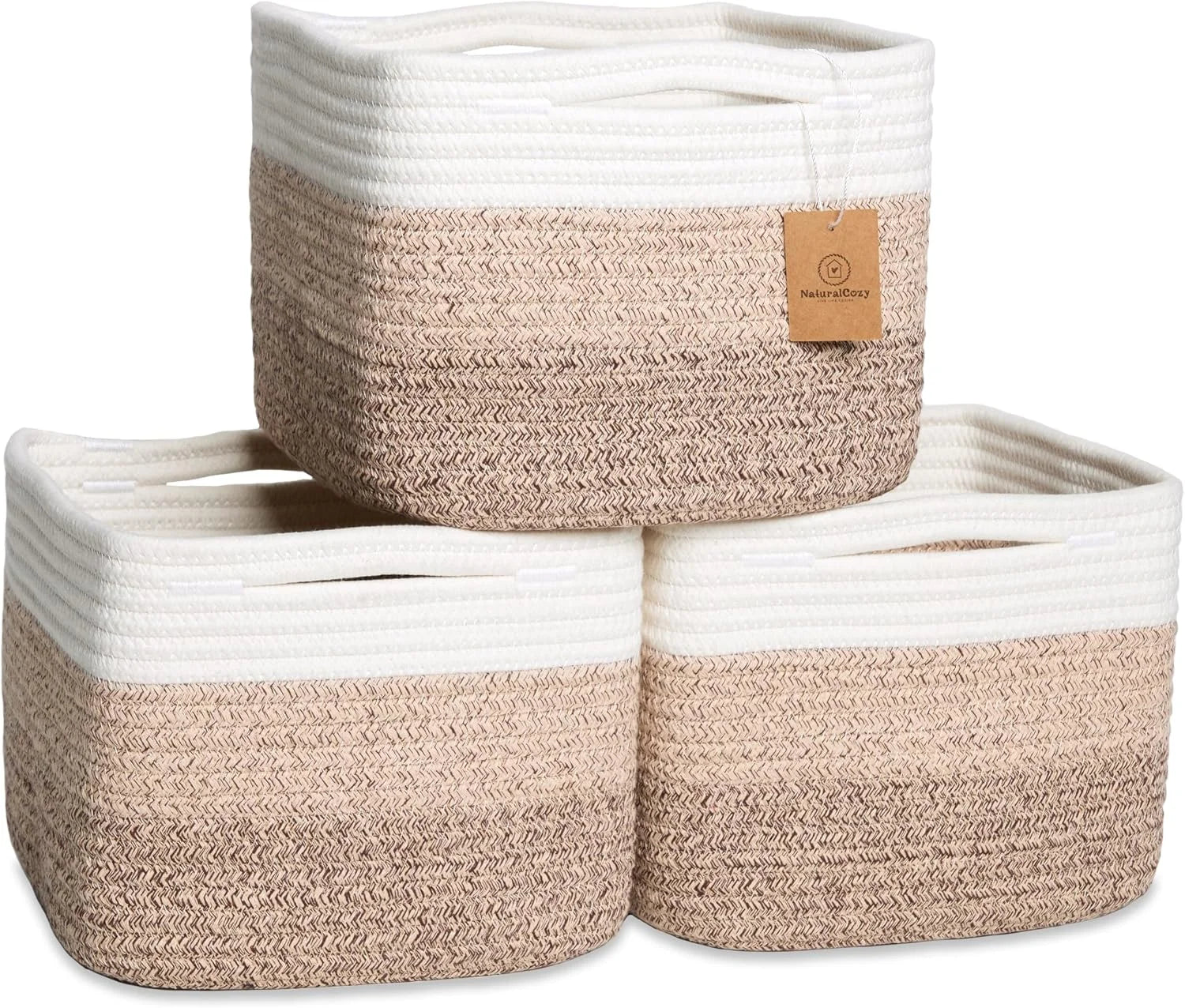 NaturalCozy Storage Cubes 9”x9”x7”Cotton Rope Woven Baskets for Organizing 3-Pack, 9 Inch Cube Storage Bin, Small bifanuoyard - Image 5