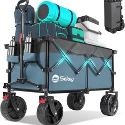 Sekey 220L Wagons Carts Foldable with Big All-Terrian Beach Wheels, Collapsible Heavy DutyWagon with Cup Holders