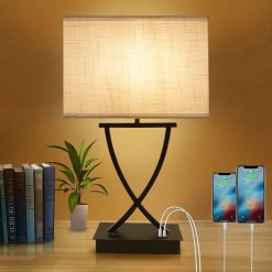 Fully Dimmable Medium Table Lamp for Bedroom with Type C/USB Charging Port and 1 AC Outlet White Shade 21.38