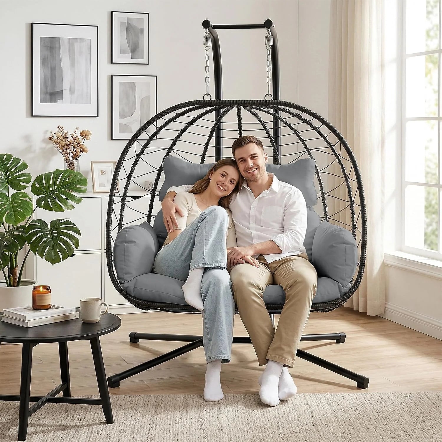 Bifanuo Double Hanging Egg Chair with Stand - Image 5