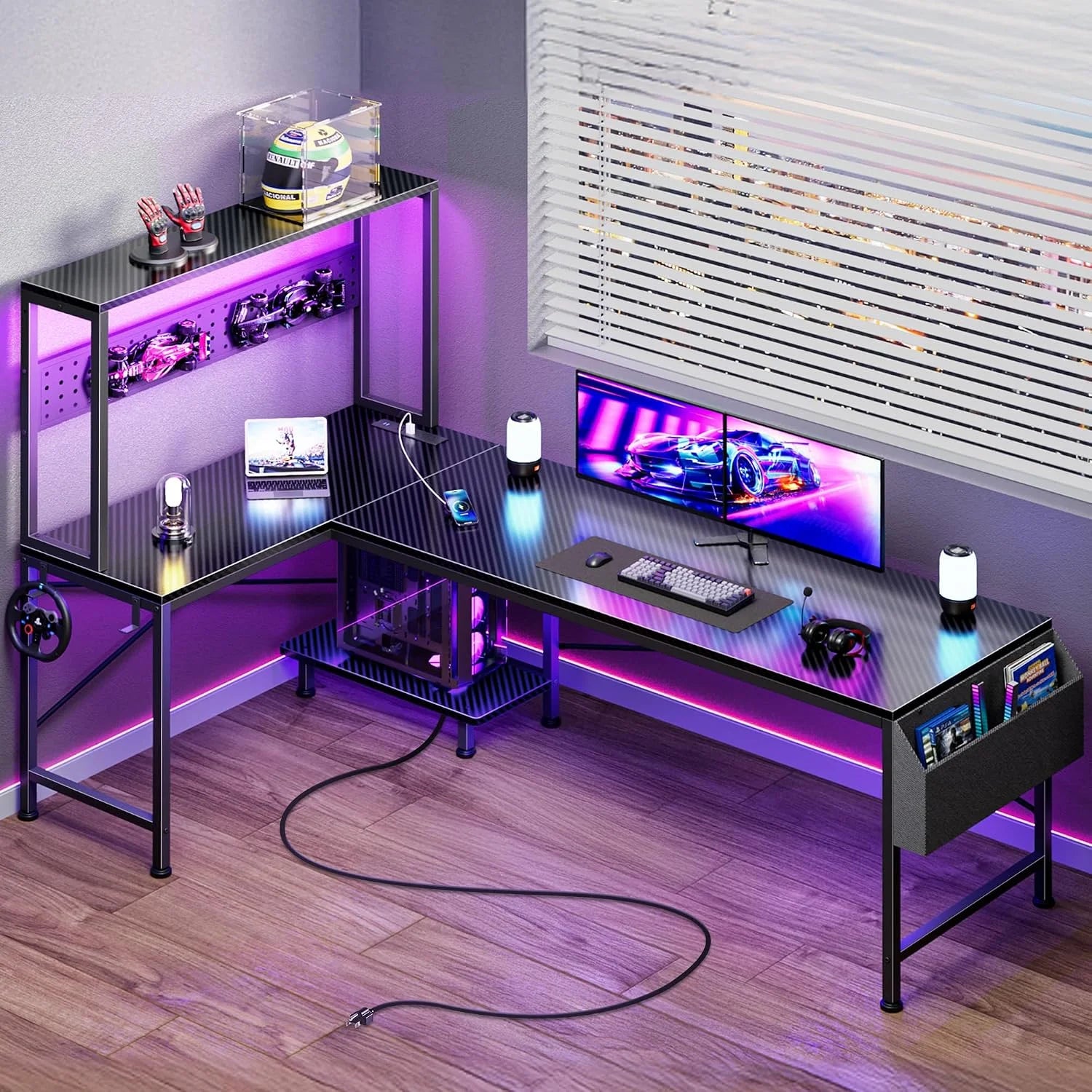 New Arrivals L Shaped Gaming Desk with LED Lights & Power Outlets, Reversible Computer Desk with Storage Shelves & Bag - Image 6